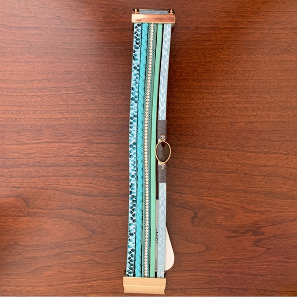 Boho Multilayer Blue Leather Cuff Bracelet - Picture 5 of 9